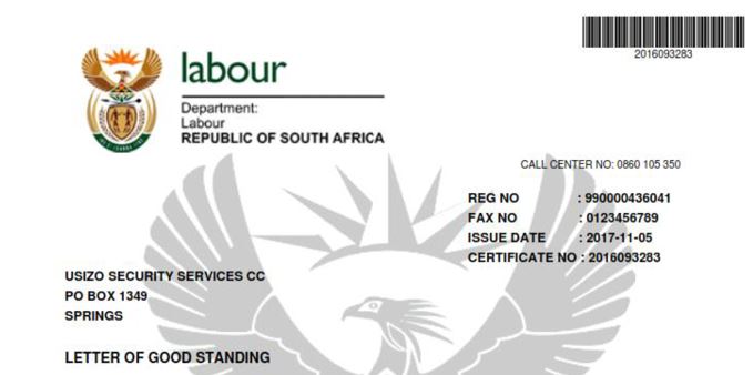 Usizo - Department of Labour - Letter of Good Standing